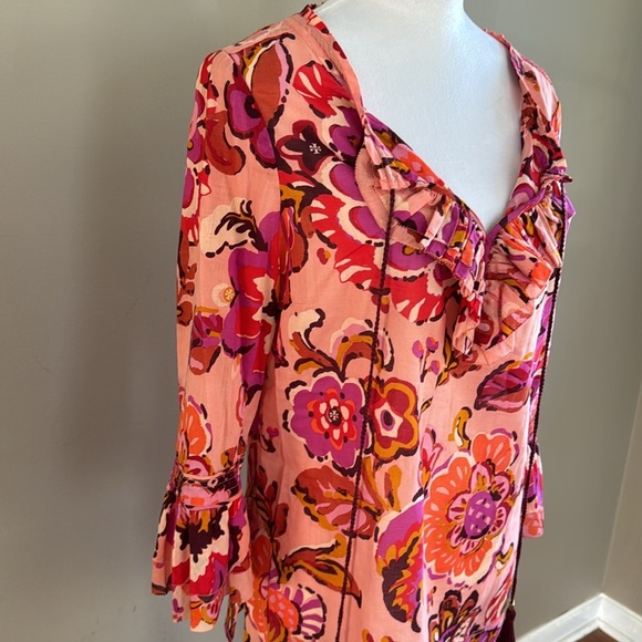 Tory Burch Gwenna Orange Pink 3/4 Sleeve Tassel Tie Floral Blouse Top Size 10 - Picture 5 of 11